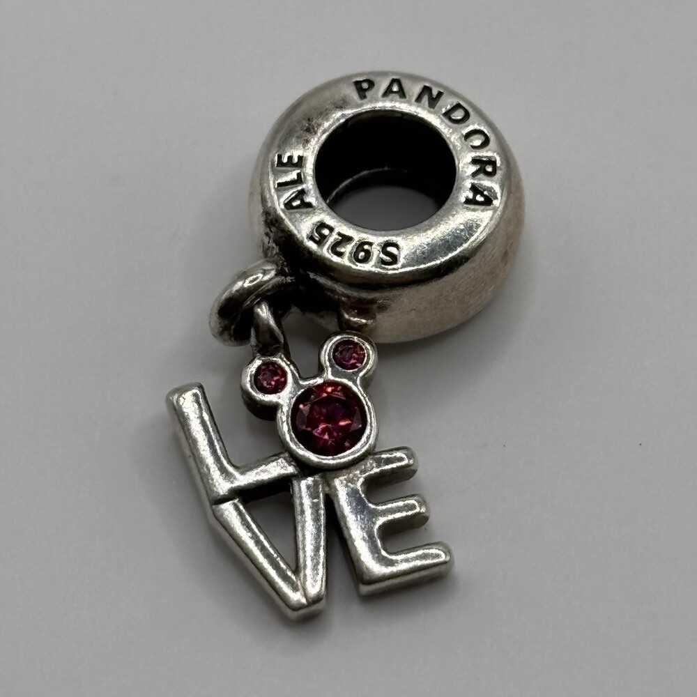 PANDORA Disney Charm Love Dangle Silver 925 Sterling w/ Red Stones Mickey Mouse